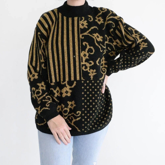 Vintage 90s Alfred Dunner Black w Metallic Gold  Floral Mockneck Sweater L - Picture 2 of 11